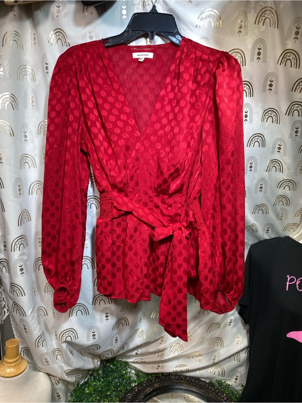 Max Studio Red Polka Dot Wrap Blouse with Tie Waist